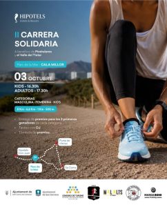 Afișul oficial al celei de-a II-a Carrera Solidaria organizate de Hipotels în Parc de la Mar, Cala Millor, cu ore, distanțe și traseu