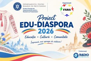 Afișul proiectului EDU-DIASPORA 2026, cu o ie, Giralda din Sevilla, Castelul Peleș și siglele FARA și Radio Românul