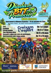 Afiș oficial al Diadei de BTT Promoció, cu copii pe biciclete montane și mascota Ermassets