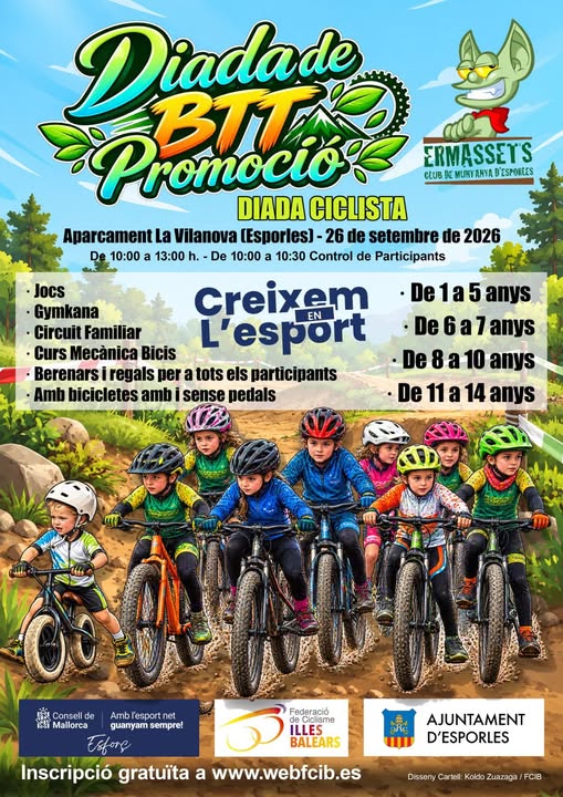 Afiș oficial al Diadei de BTT Promoció, cu copii pe biciclete montane și mascota Ermassets