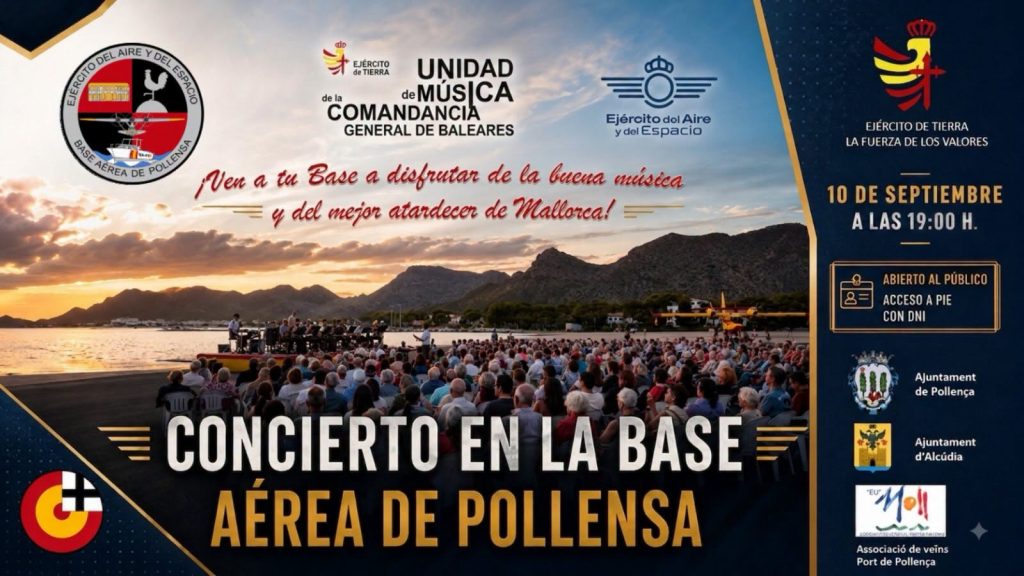 Afișul concertului din 10 septembrie 2026 la Baza Aeriană Pollensa: acces pe jos cu document oficial de identitate