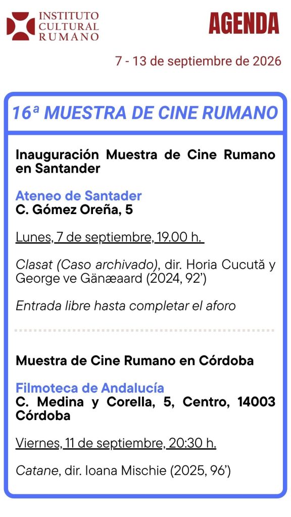 Agenda ICR Madrid 7–13 septembrie 2026: Festivalul Filmului Românesc