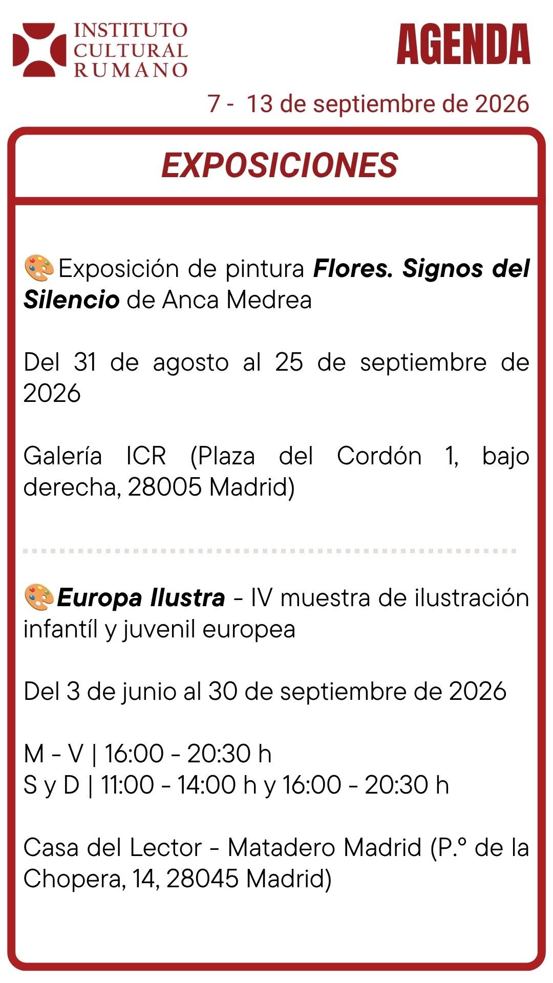 Afiș ICR Madrid cu expoziția Anca Medrea până la 25 septembrie și Europa Ilustra până la 30 septembrie 2026
