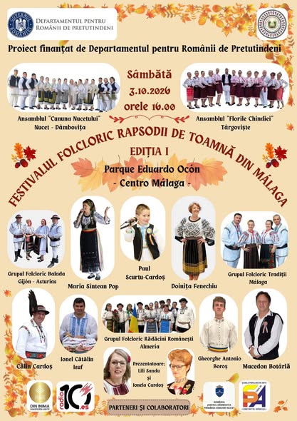 Afișul Festivalului Folcloric „Rapsodii de Toamnă din Málaga”, cu artiștii și ansamblurile participante