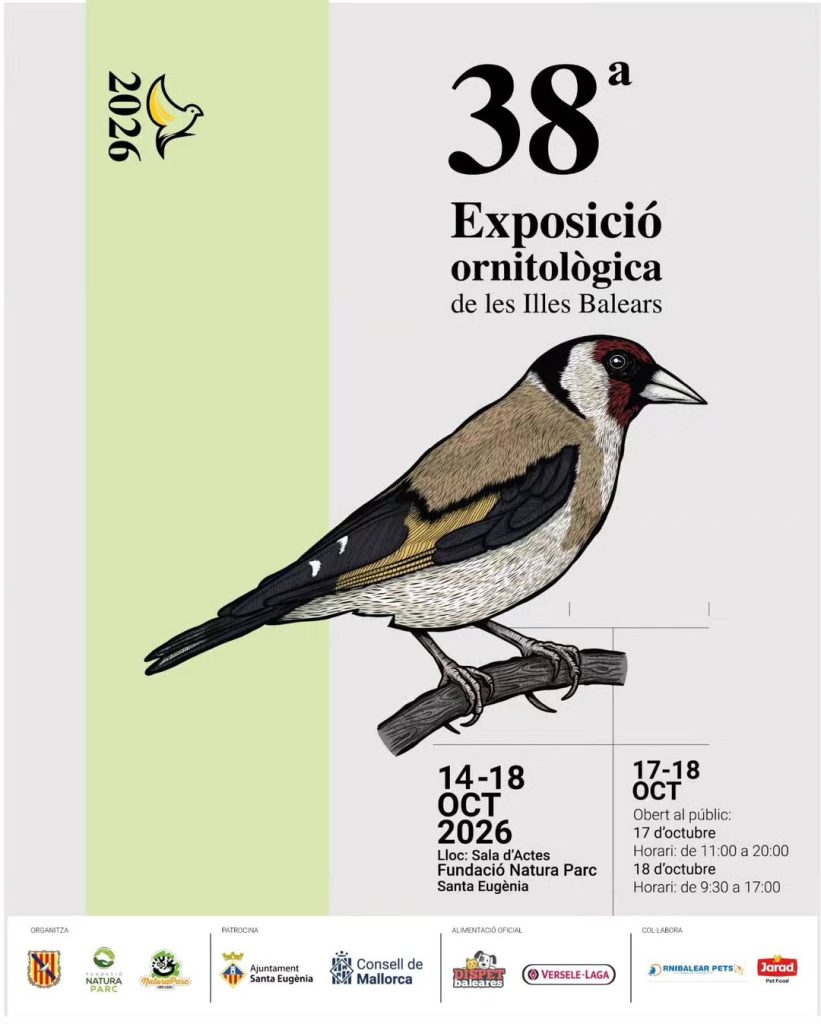 Afișul celei de-a 38-a Exposició Ornitològica de les Illes Balears, cu o ilustrație de sticlete