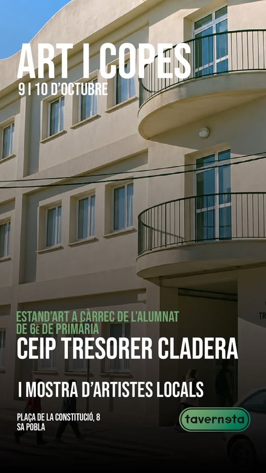Afișul Art i Copes peste fațada școlii CEIP Tresorer Cladera