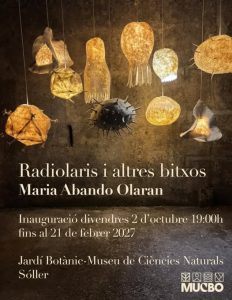 Afișul expoziției Radiolaris i altres bitxos, cu sculpturi luminoase suspendate din lână