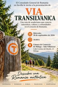 Afișul oficial al prezentării Via Transilvanica organizate de Consulatul General al României la Sevilla, la Málaga
