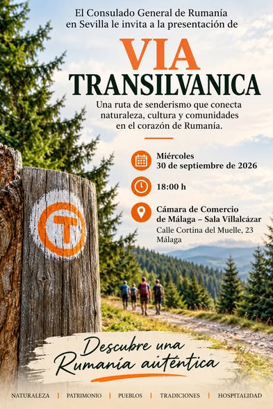 Afișul oficial al prezentării Via Transilvanica organizate de Consulatul General al României la Sevilla, la Málaga