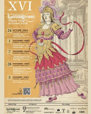 Afișul celei de-a XVI-a ediții a Festivalului Internațional de Muzică Veche de la Caimari, 2026, cu cele cinci concerte din Església Vella