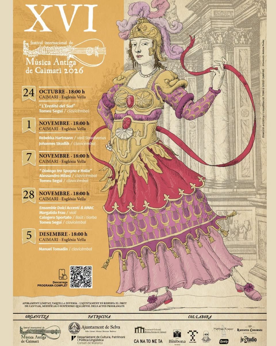Afișul celei de-a XVI-a ediții a Festivalului Internațional de Muzică Veche de la Caimari, 2026, cu cele cinci concerte din Església Vella