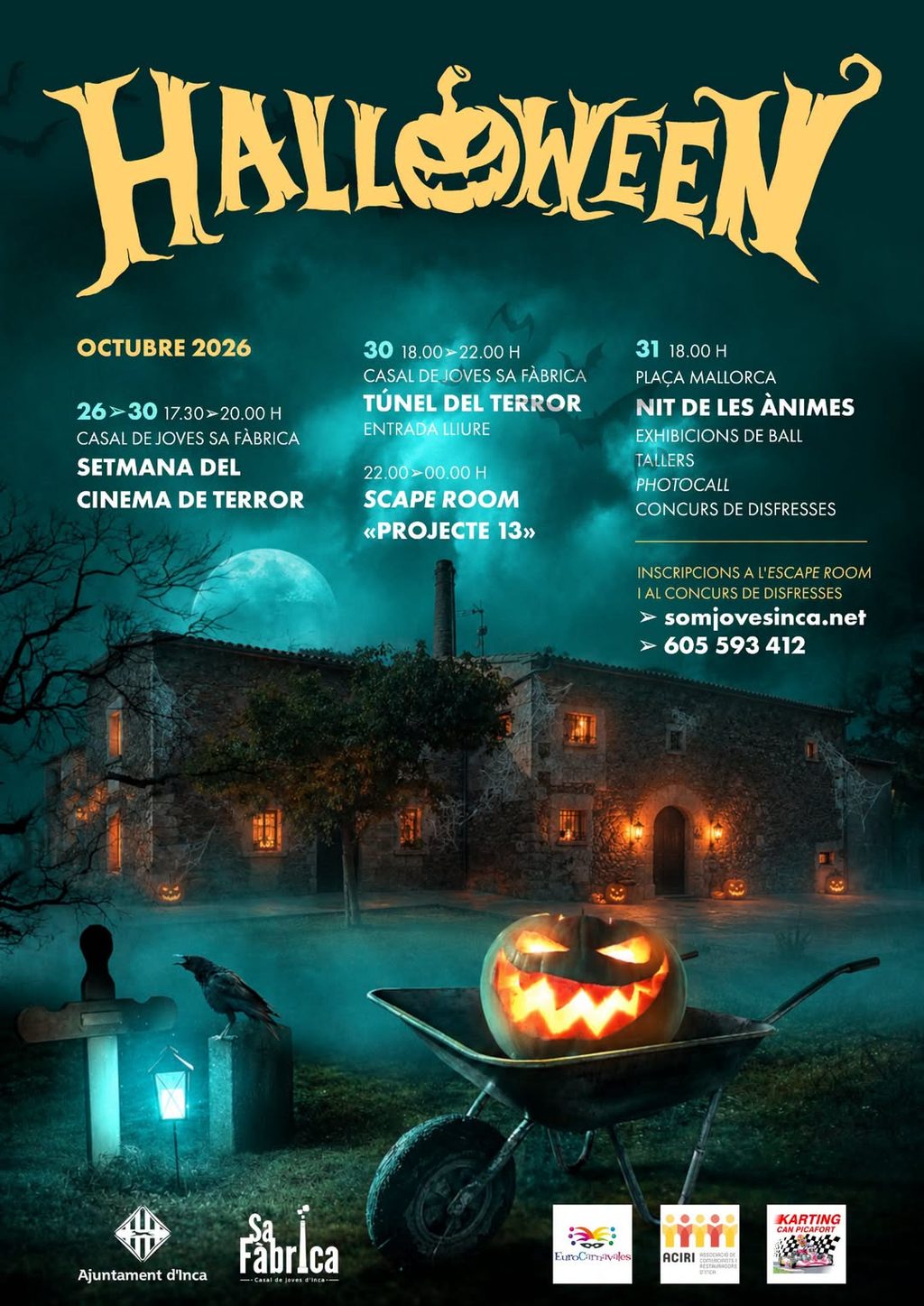 Afișul de Halloween 2026 la Inca: Setmana del Cinema de Terror, Túnel del Terror, Scape Room Projecte 13 și Nit de les Ànimes în Plaça Mallorca