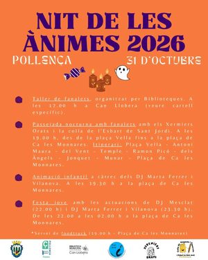 Afișul Nit de les Ànimes 2026 la Pollença, 31 octombrie: atelier de felinare, plimbare nocturnă, animație pentru copii și petrecere pentru tineri