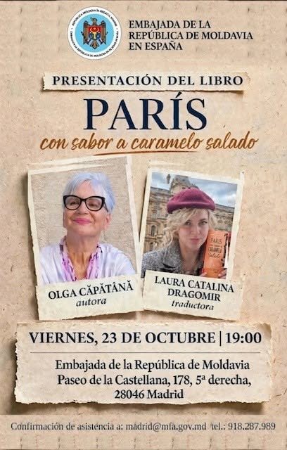 Afișul prezentării cărții „Paris con sabor a caramelo salado” la Ambasada Republicii Moldova din Madrid